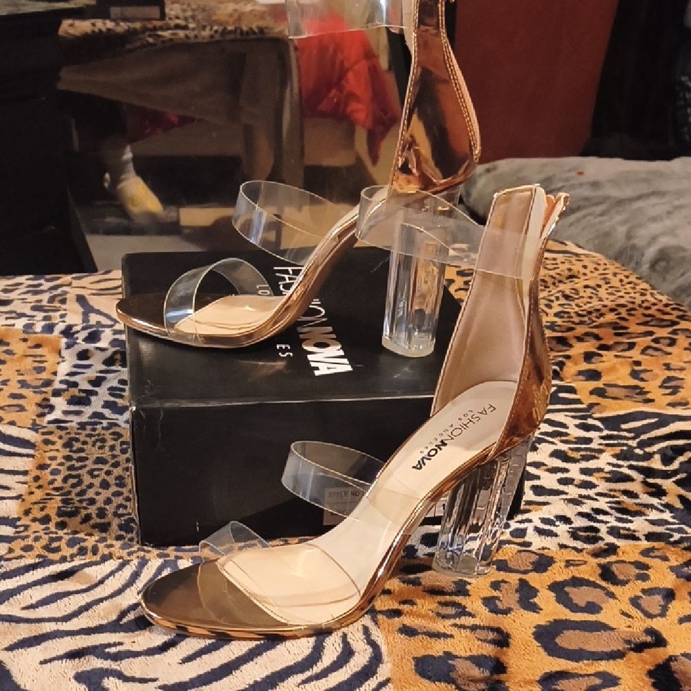 Fashion Nova Metallic Gold Heels with Clear Straps